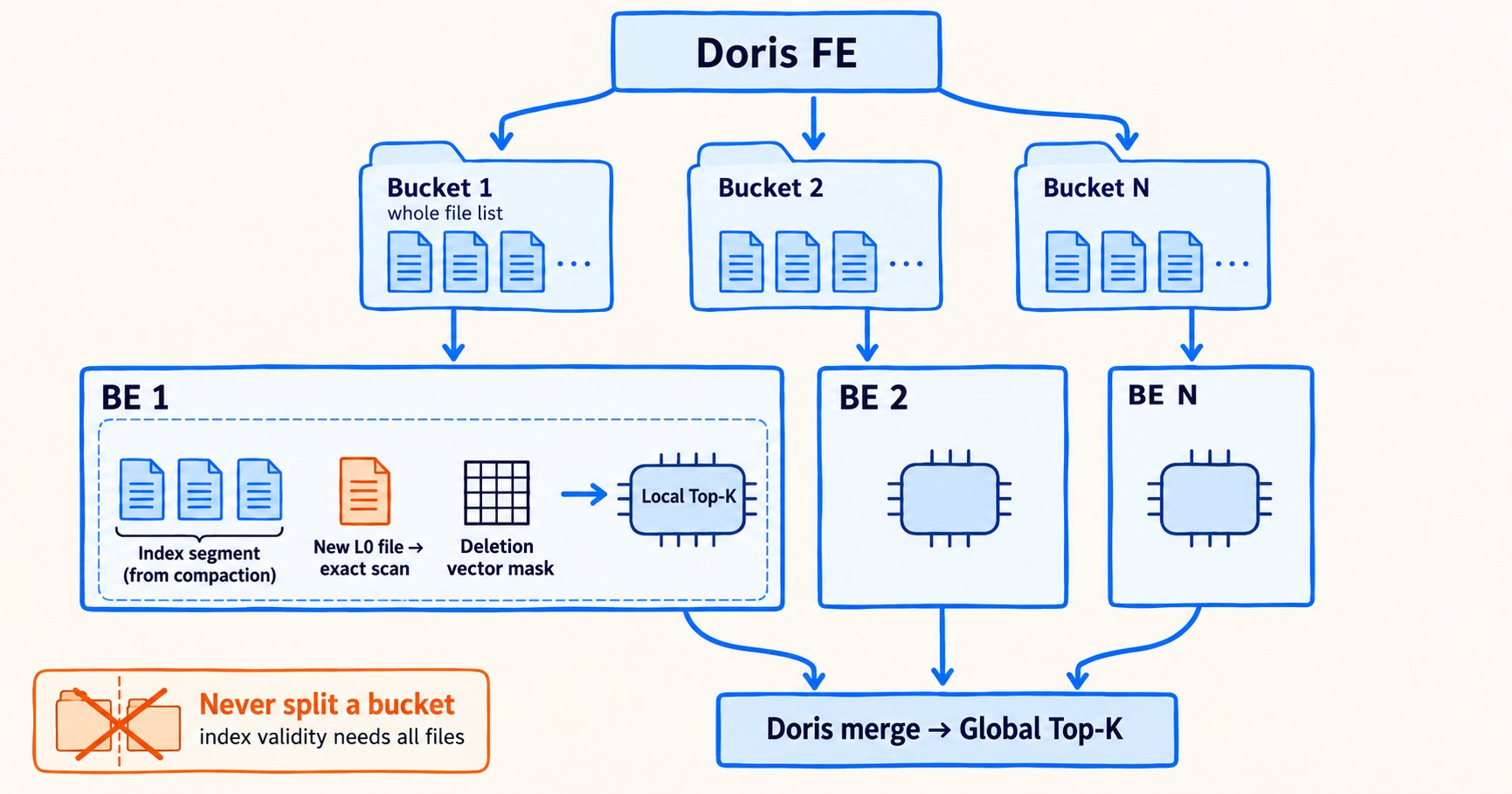 Doris FE dispatches complete buckets to BE nodes. Each BE performs index retrieval, exact fallback, and deletion masking within its bucket, while Doris merges the global Top-K across buckets.