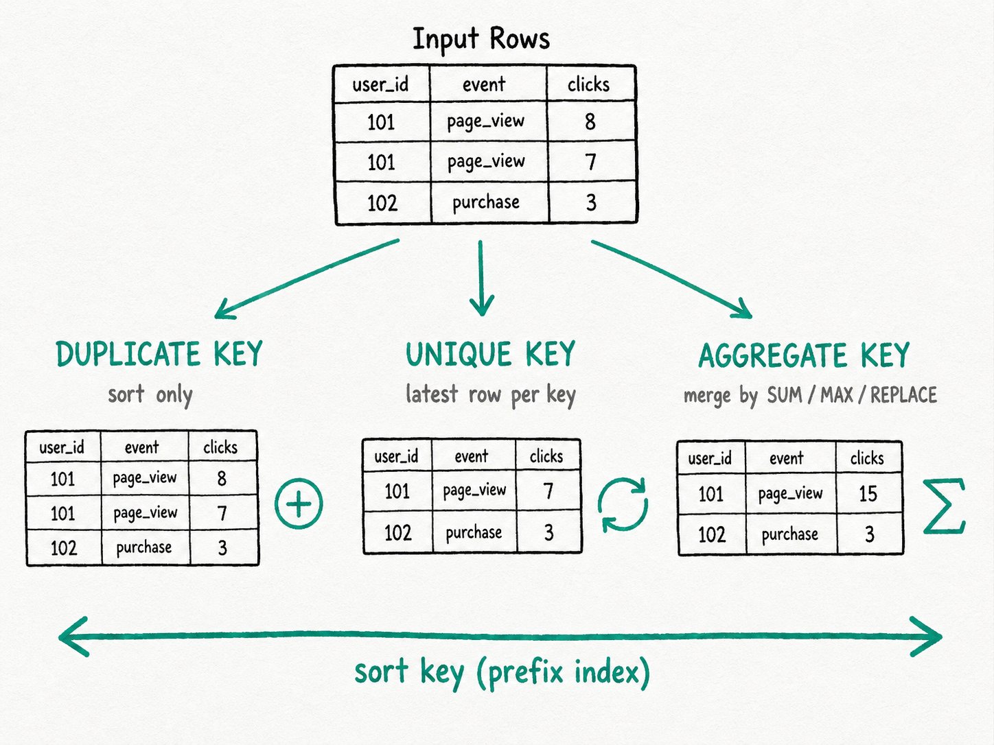 Apache Doris Data Model: Doris's three table models (Duplicate, Unique, Aggregate) decide how rows are stored, deduplicated, and sorted. Fixed at table creation.