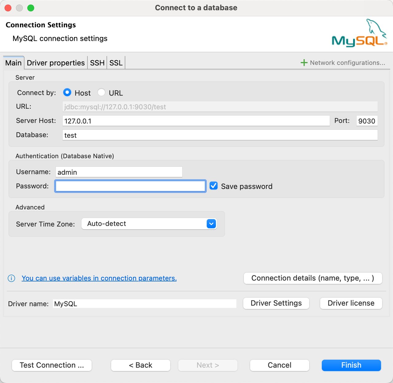 Connect to the internal catalog with the MySQL driver