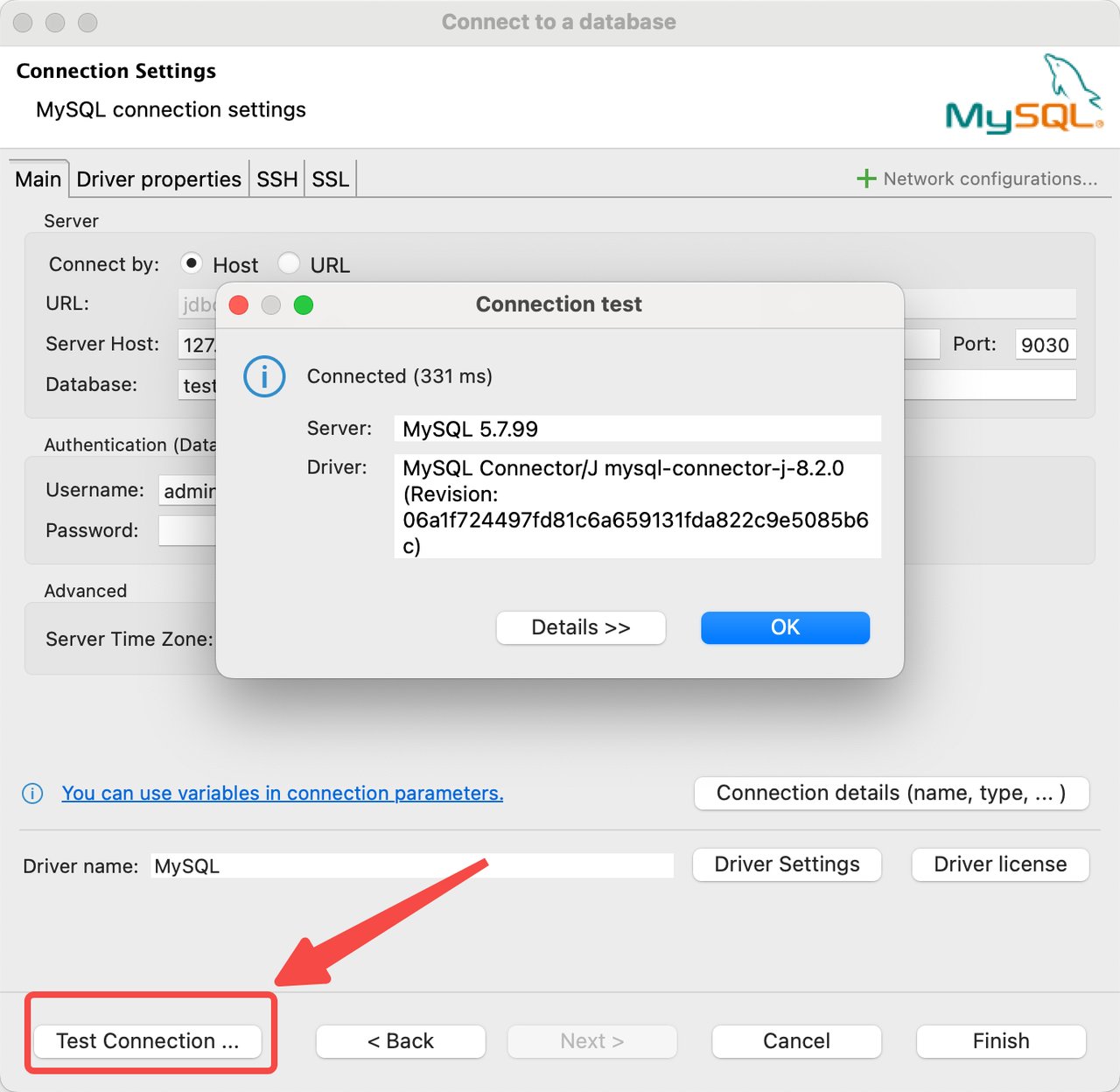 Test the MySQL driver connection