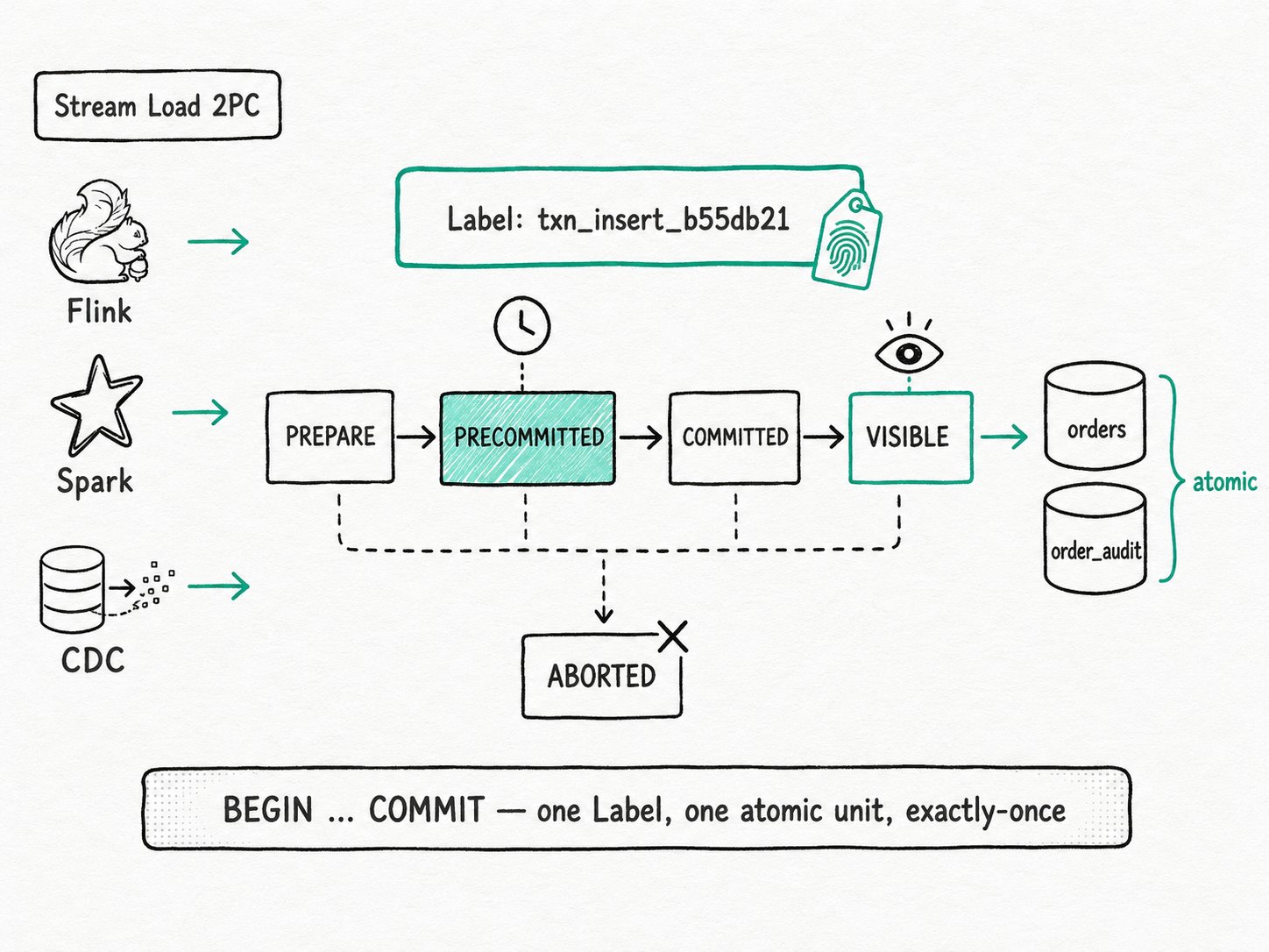 Apache Doris Load Transactions: Run multi-statement loads as one atomic unit, with label-based dedup and 2PC for exactly-once streaming sinks.