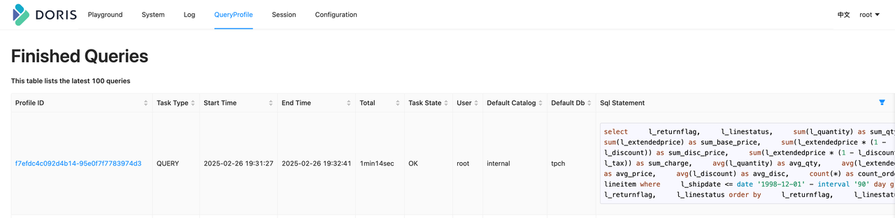 The Query Profile page in the FE Web UI