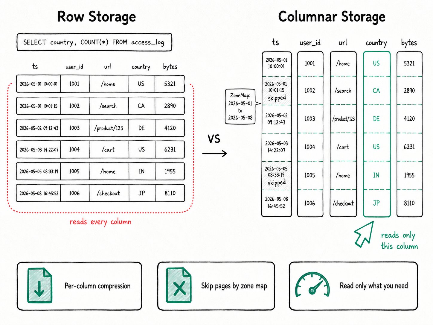 Apache Doris Columnar Storage: Doris's on-disk segment format. Per-column encoding and per-page compression shrink the table; per-page indexes let queries skip unread pages.