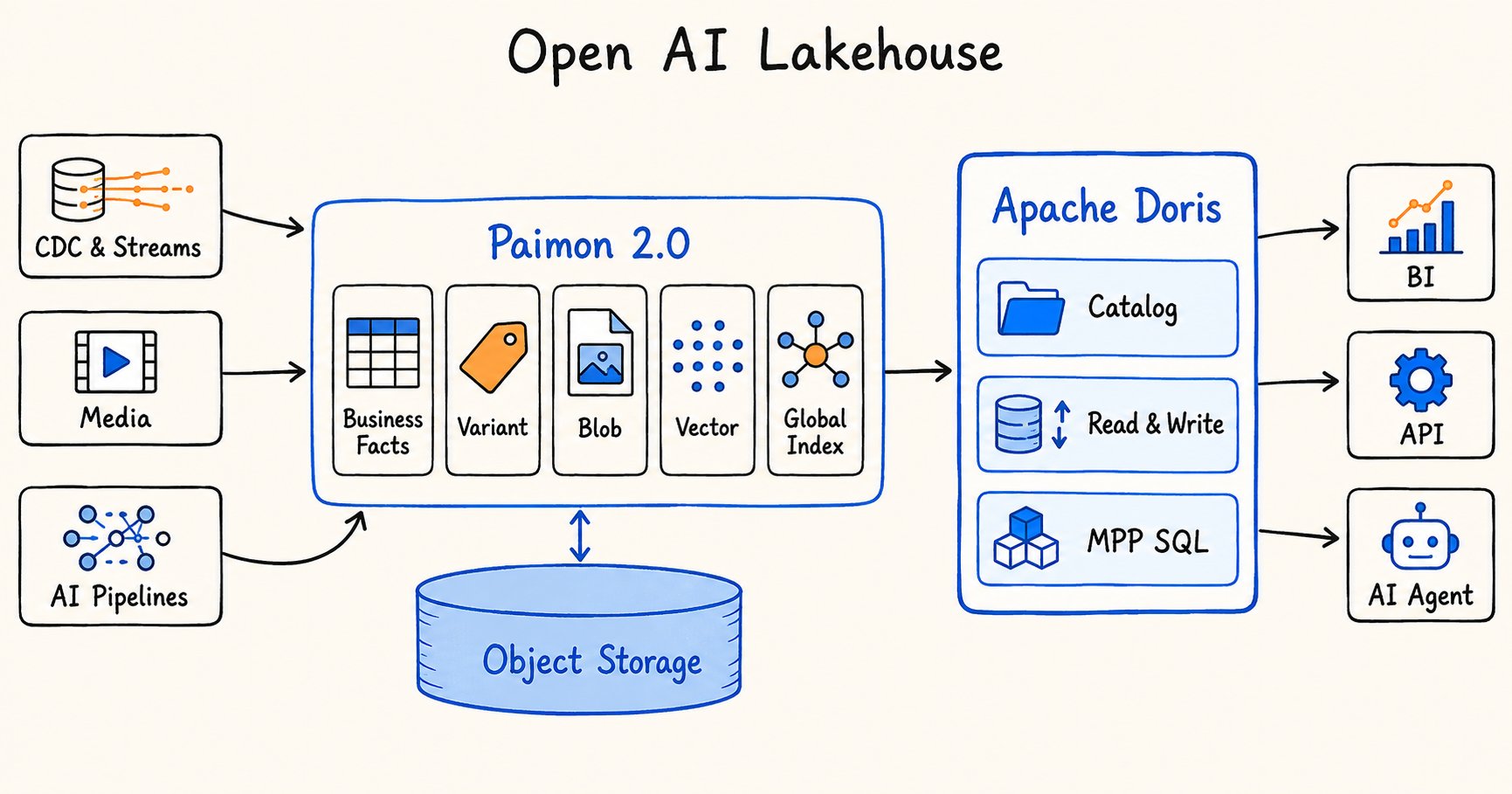 Open data loop for Agentic AI: Paimon 2.0 manages evolving data and indexes, while Doris unifies retrieval, analytics, and serving