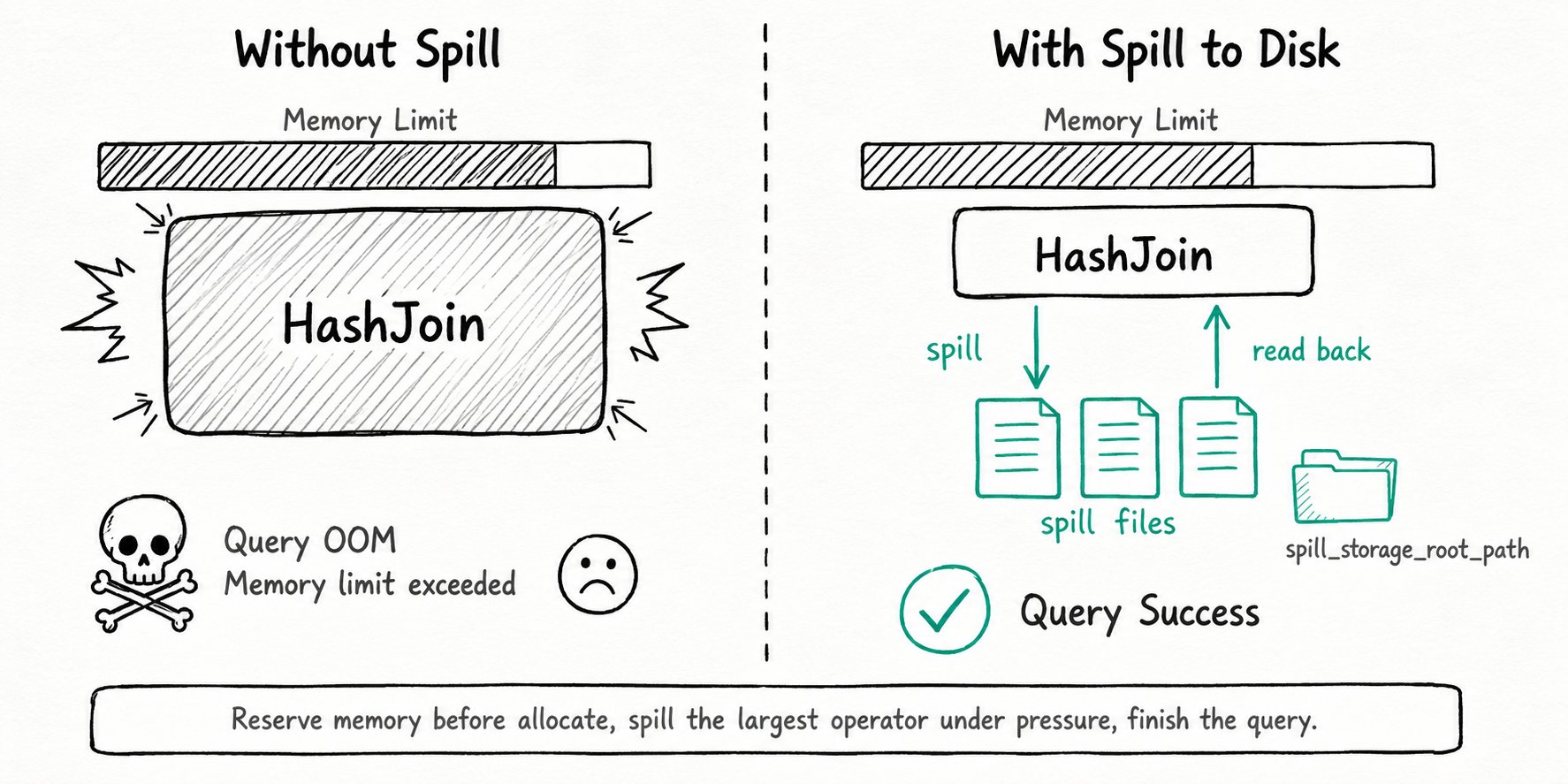 Apache Doris Spill to Disk: Memory-heavy operators spill intermediate state to local disk when limits are hit, so big joins, aggregations, and sorts finish instead of OOM.