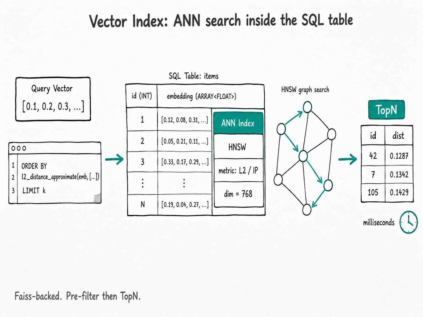 Apache Doris Vector Index: A native ANN index on ARRAY of FLOAT columns. Build it inside a Doris table and run millisecond TopN vector search next to your SQL analytics.